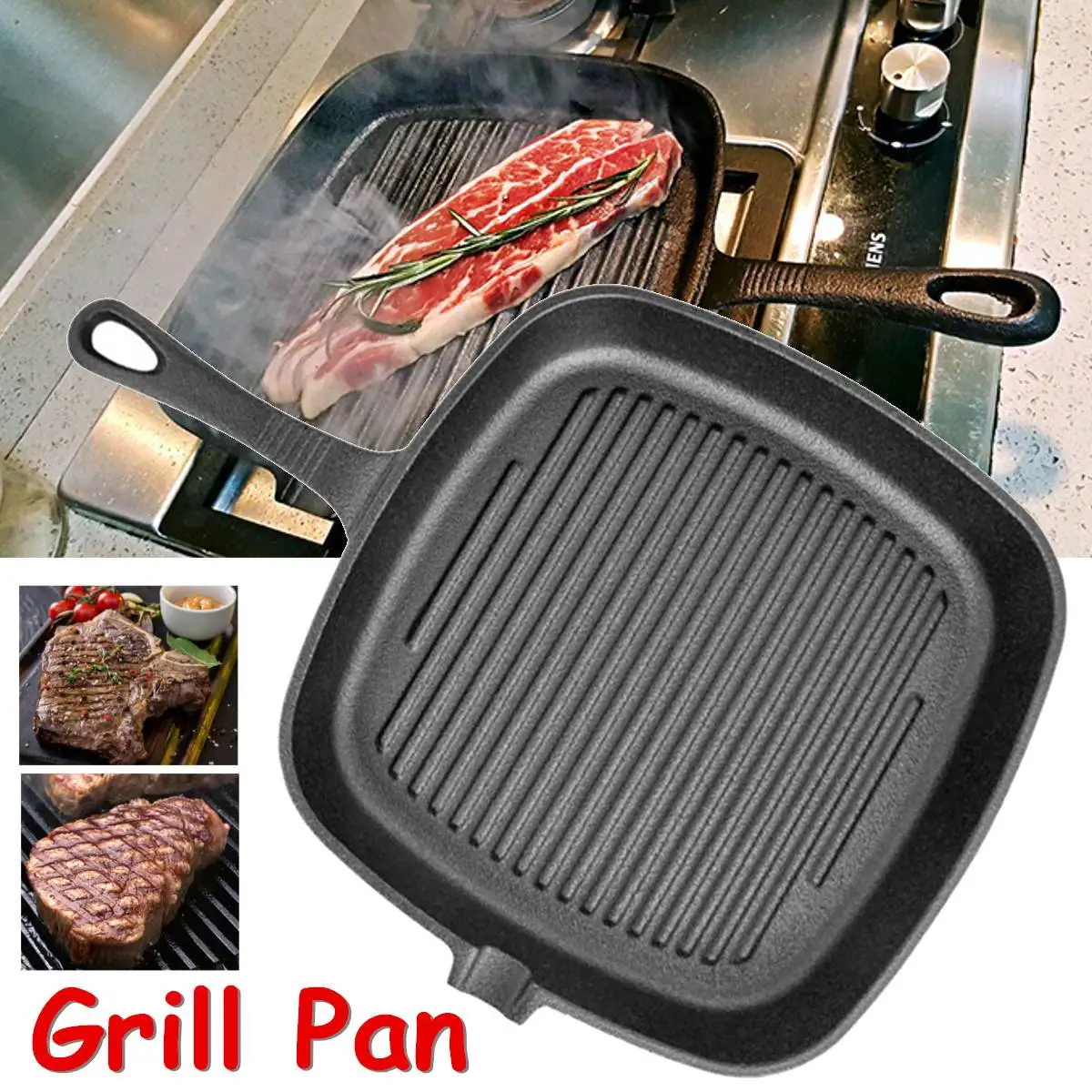 

Iron Non-Stick Cast Iron Grill Frying Pan Multifunction Griddle BBQ Cooking Baking Home Kitchen Cooker Tool Cookware 24X24cm