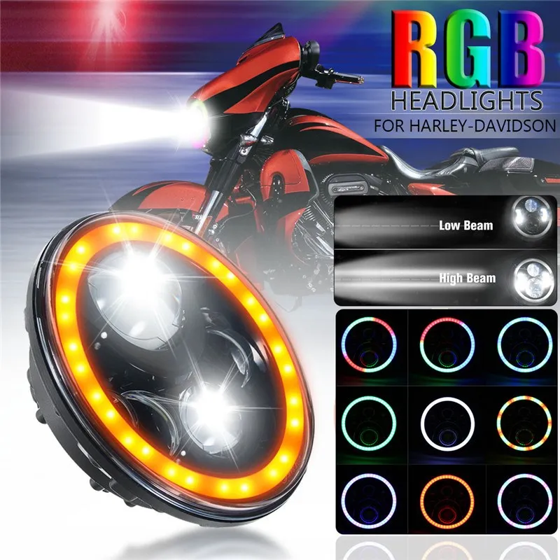 

12V RGB Headlight 7 Inch Flowing Halo Angel Eye Automatic Cyclic Hi/Low 60W/45W Headlamp For Harley-Davidson