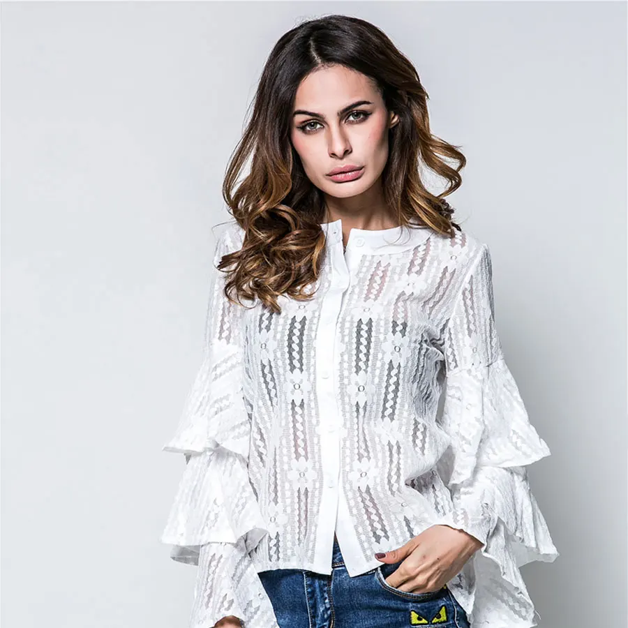 

2019 New Sexy white lace blouse shirt Hollow out mesh transparent see through blusas Women long ruffle sleeve tops VKTS1000