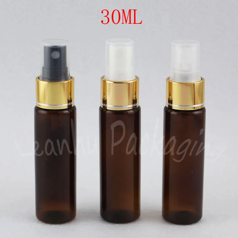 

30ML Brown Flat Shoulder Plastic Bottle With Gold Spray Pump , 30CC Empty Cosmetic Container , Toner / Water Sub-bottling