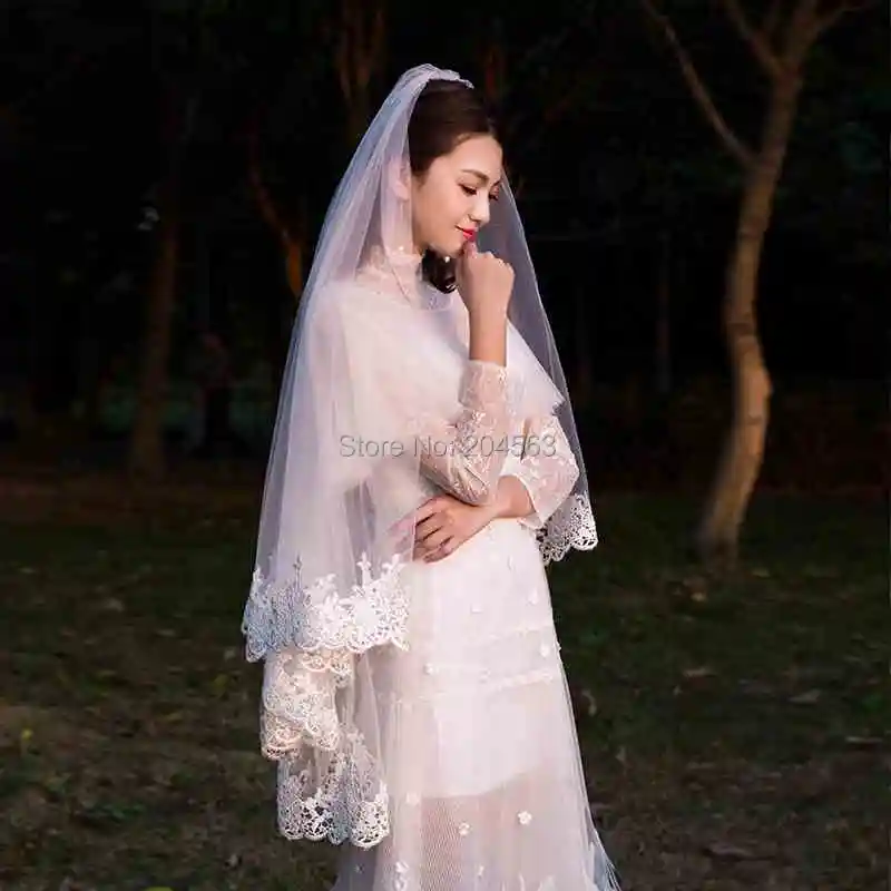 

White 2 Meters Long Lace Wedding Bridal Veils Tulle Veil for Bride without Comb