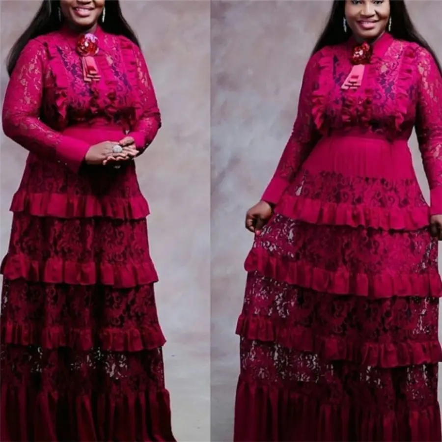 BAIBAZIN, Африканское платье для женщин, кружевная рубашка, воротник, длинный рукав, сплайсинга, многослойное платье-торт с брошью, платье - Цвет: Красный