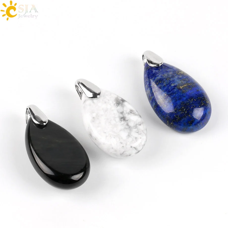 CSJA Natural Gem Stone Water Drop Necklaces Pendants Tiger Eye Lapis Lazuli Clear Crystal Opal Reiki Healing Jewellery Gift E526