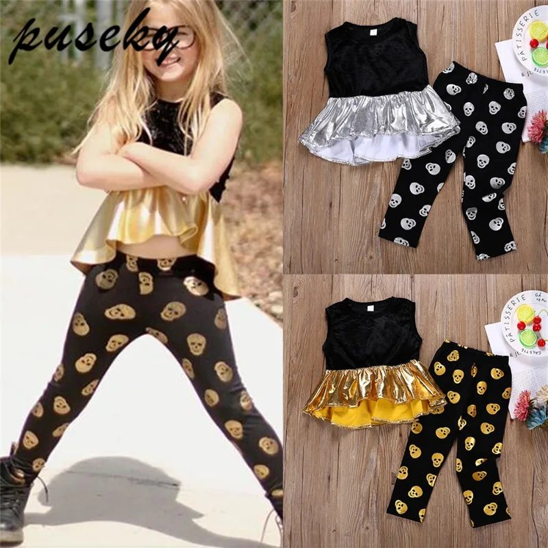 

Puseky Baby Kids Girls Clothing Suit Halloween Outfits Sleeveless T-shirt Tutu Vest Tops+Long Skull Printed Pants Legging Suit