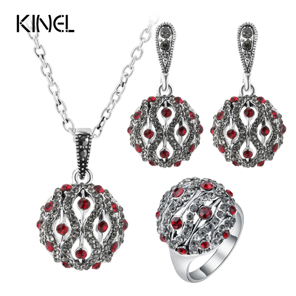 Kinel Модные Ювелирные наборы для женщин с хрустальными шариками, серебряное кольцо, серьги и ожерелье с кулоном, свадебный ювелирный набор