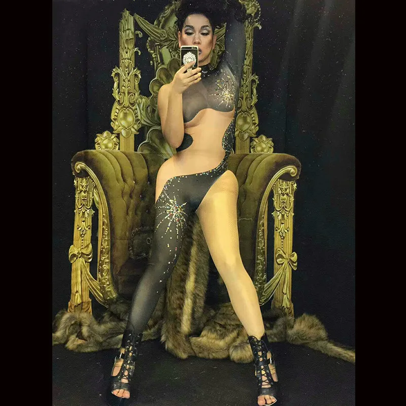 Black Fireworks Sparkly Single Print Jumpsuit Women Singer Dancer Costume Bodysuit Nightclub Oufit