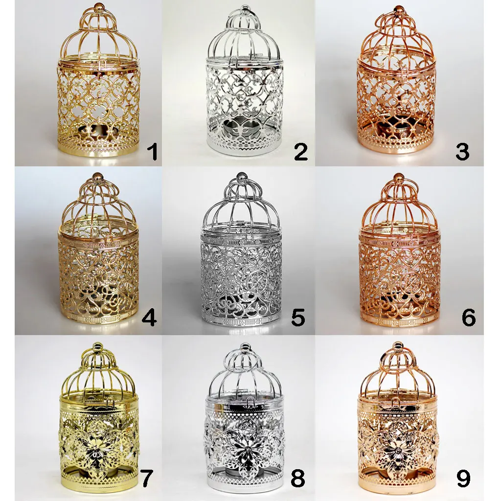 Electroplated Metal Birdcage Shape Tea Light Candle Holder Hollowed Flower Pattern Candlestick, 3.15 x 5.51inch