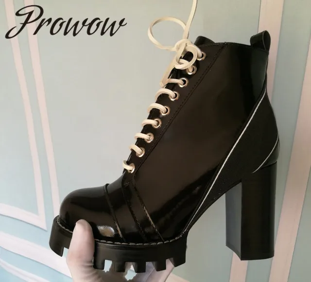 

Prowow New Genuine Leather Gladiator Lace Up Ankle Boots Platform Chunky Heel HIgh Heel Boots Shoes Women