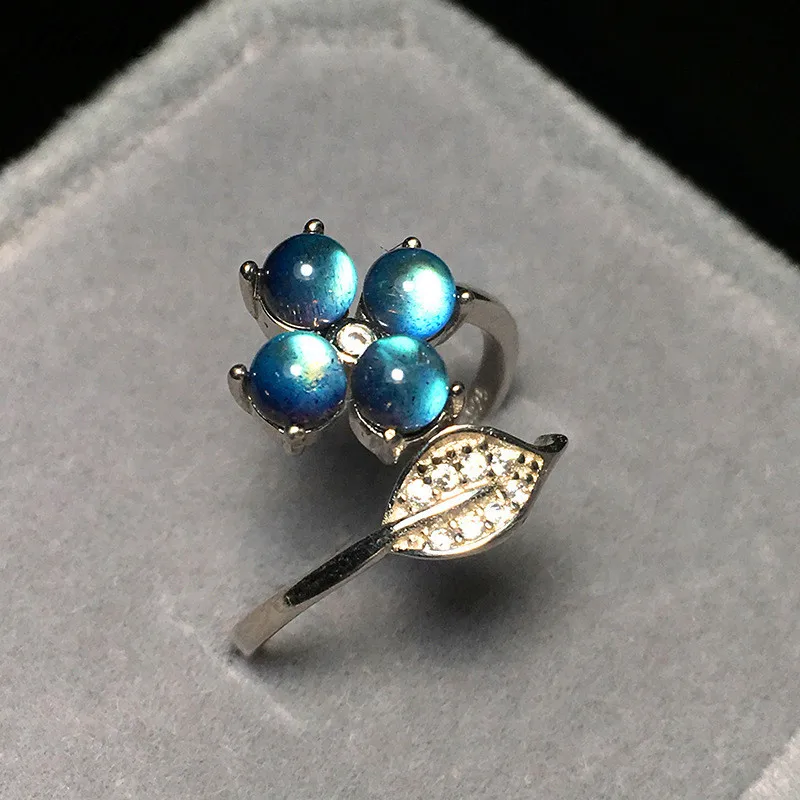 Blaike, 925 пробы серебро, лабрадорит, кольца для женщин, циркониевый лист, круглый синий лунный камень, кольцо для женщин, Открытый регулируемый цветок