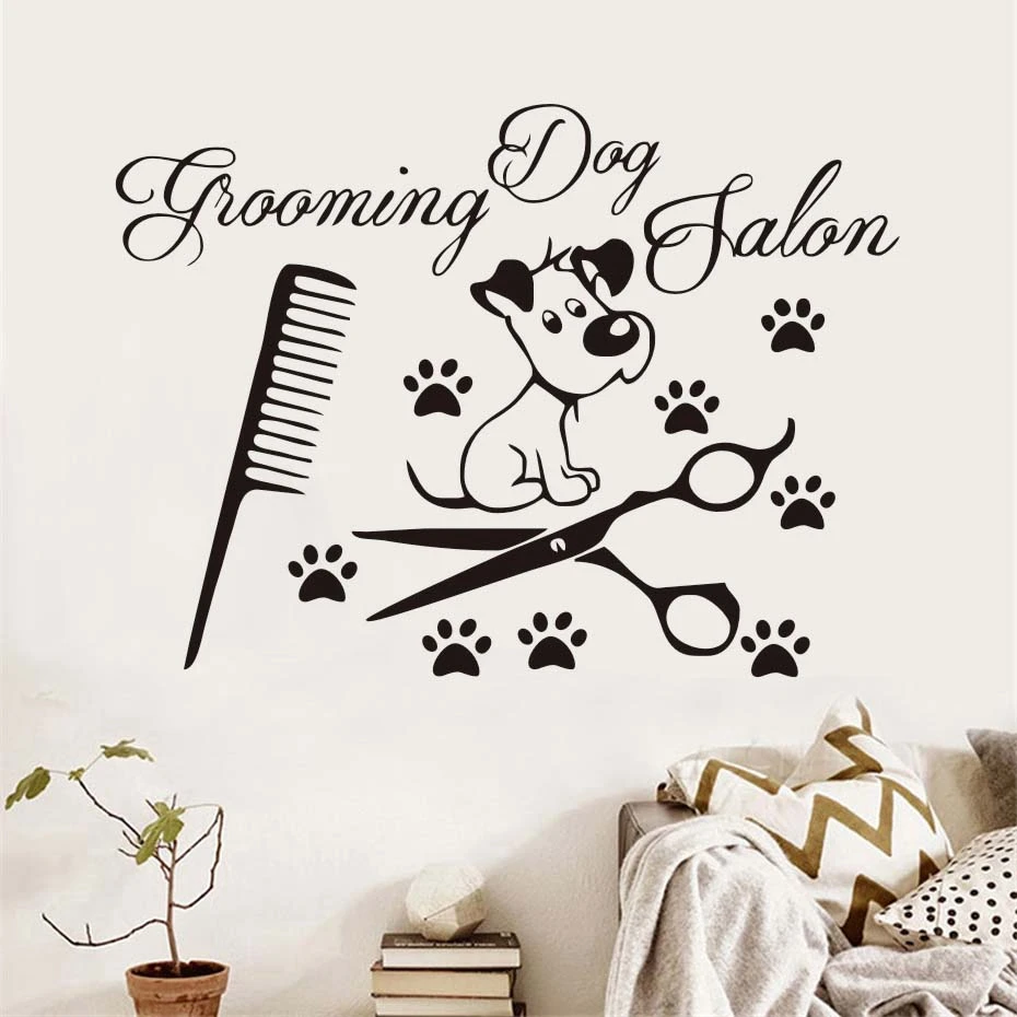 Dog Paw Scissors Comb Vinyl Wall Sticker For Dogs Grooming Salon Pet