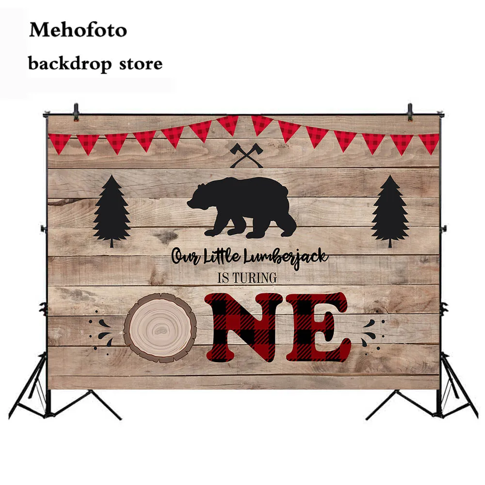

Mehofoto Buffalo Plaid Photography Backdrop Studio Little Lumberjack Photo Background Bear Happy Birthday Party Supplies 134