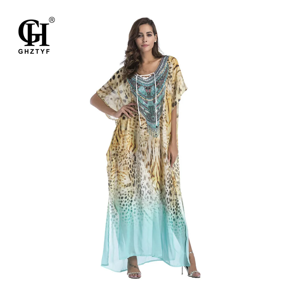 

GHZTYF Women Dress Beach Bohemian Print Short Sleeve Robe Boheme Femme Loose Plus Size Summer Boho Long Dresses