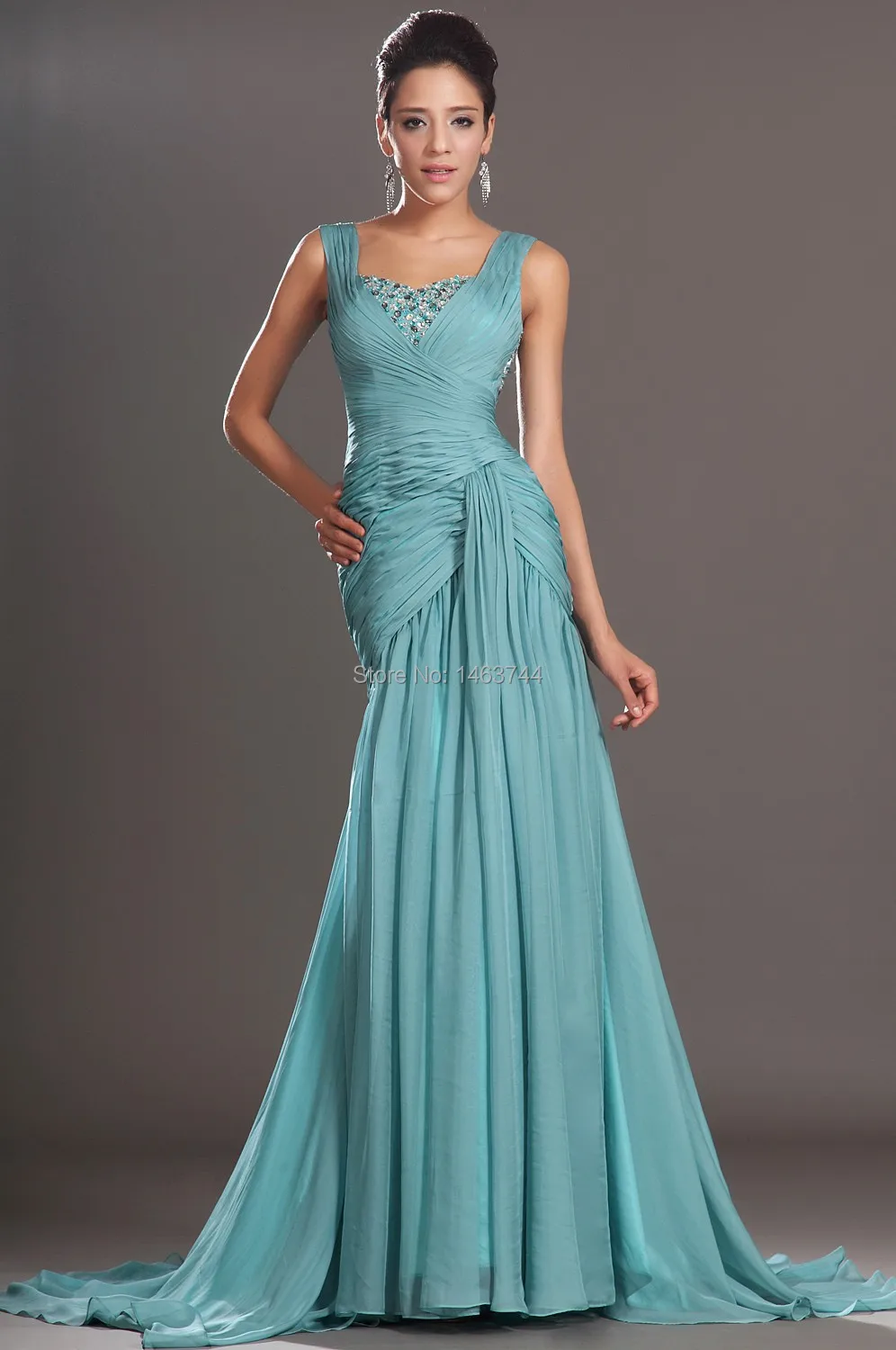 New A Line Sweetheart Crystal Sexy Backless Green Ruched Long Formal Evening Dresses Prom Gown With Court Train | Свадьбы и