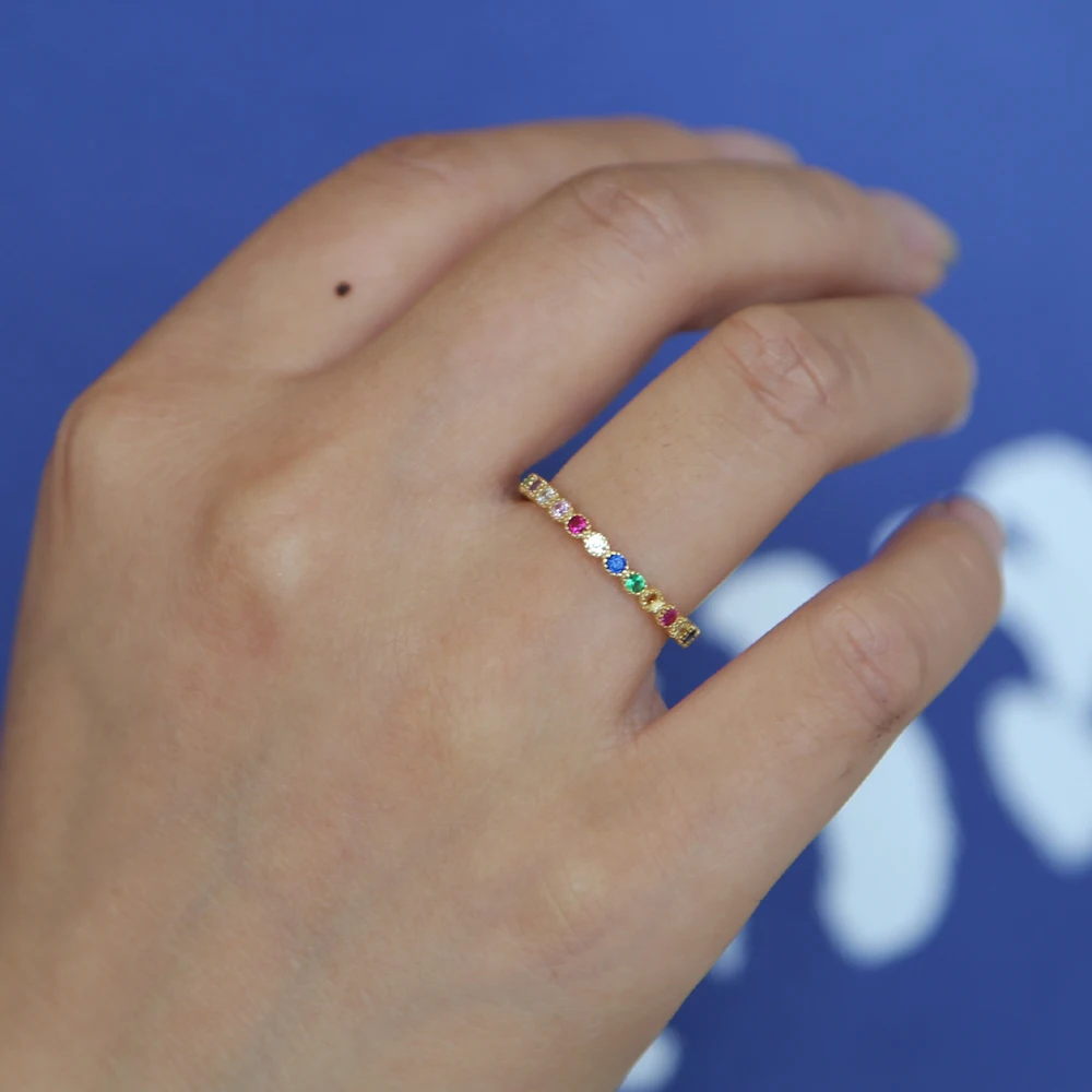 Genuine 925 Sterling Silver Rainbow Colorful CZ Stone Finger Rings For Women Luxury Gorgeous stack ring Party Jewelry Gift
