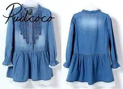 Helen115/милая детская одежда для маленьких девочек, хлопковые джинсовые платья с длинными рукавами и круглым вырезом с цветочным принтом для