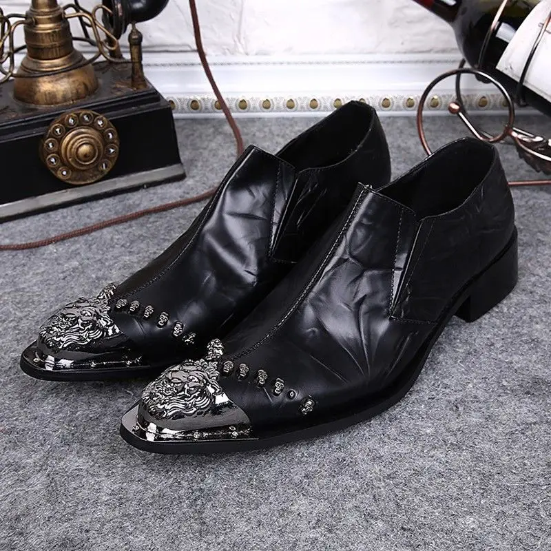 

Plus Size 2016 New Fashion Genuine Leather Formal Man Pointed Toe Slip on Flats Skull Rivets Punk Rock Men's Party Shoes FPT439