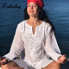 Женское платье-парео fitshining, белое пляжное платье-туника с длинным рукавом и цветочной вышивкой(China)