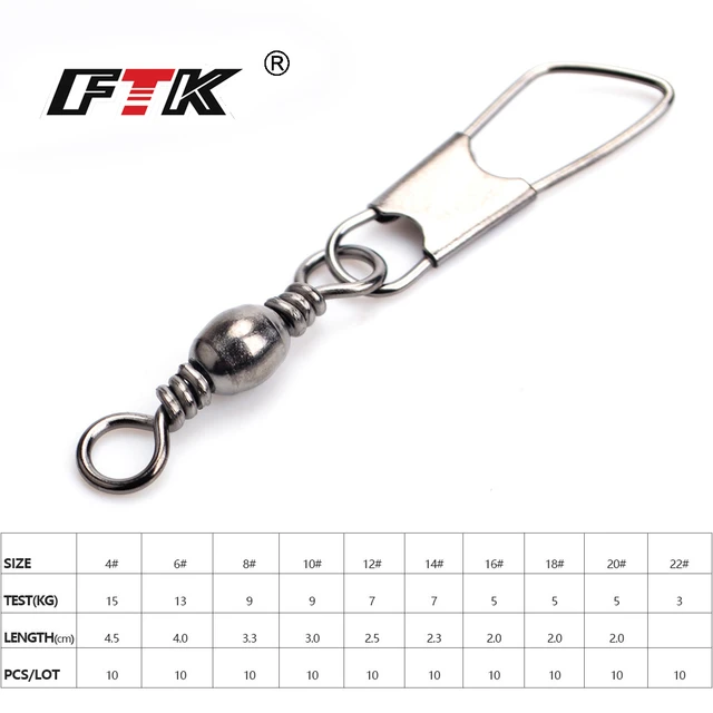 FTK 1 Pack 10PCS/Lot 4#-22# Fishing Swivel Barrel Swivels With Snap  FishHook Lure