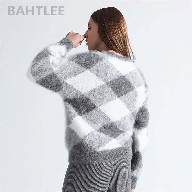 Koop Bahtlee Herfst Winter Vrouwen Angora Konijn Gebreide Lantaarn Mouwen Truien Trui Colorblock Diamant Geometrie Warm Houden