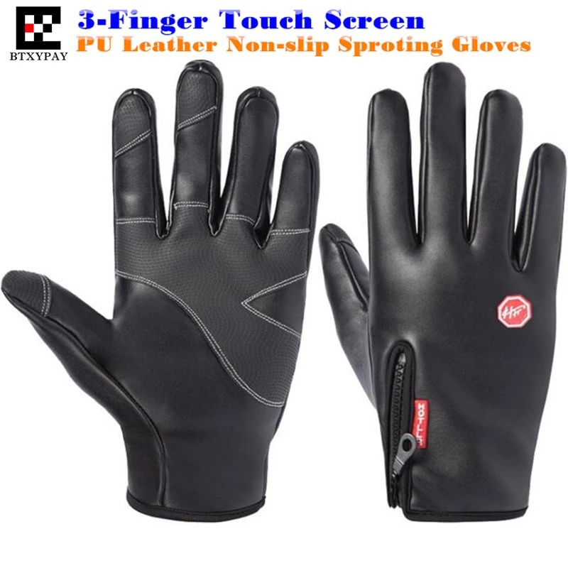 Gants chauds d'hiver en cuir PU unisexe 10p, pour écran tactile à 3 doigts, velours doré, gants de course, de randonnée, de Ski, imperméables