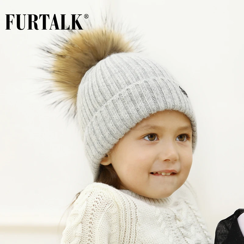 Furtalk родитель ребенок зимние кроличий мех с помпончиками шапки для детей женская