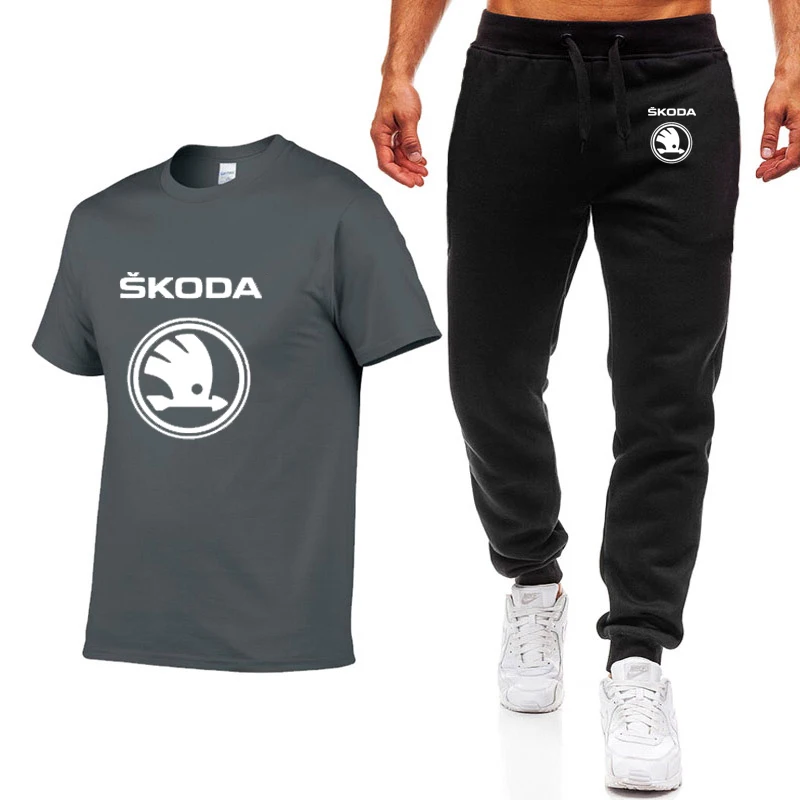 Модные летние мужские футболки с логотипом Skoda Car, Повседневная хлопковая футболка с коротким рукавом высокого качества, штаны, мужская одежда - Цвет: 08