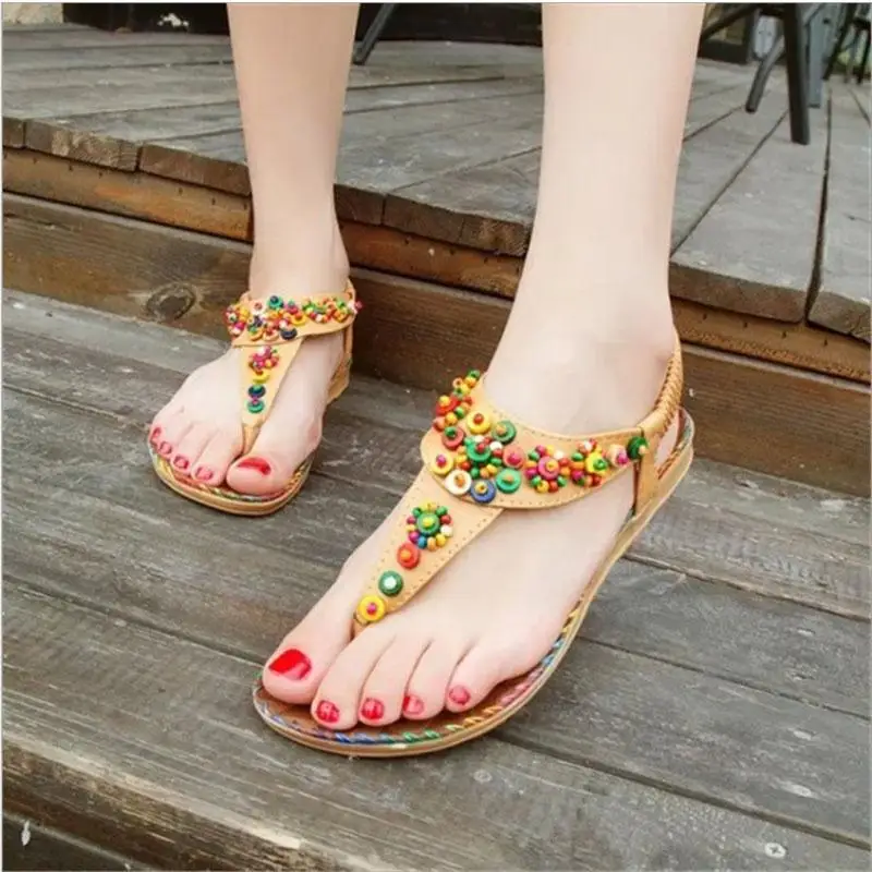 

DAFENP Plus Size Women shoes woman Sandals Comfort Beach Sandals Women Bohemia String Bead Flat Shoes zapatos de mujer