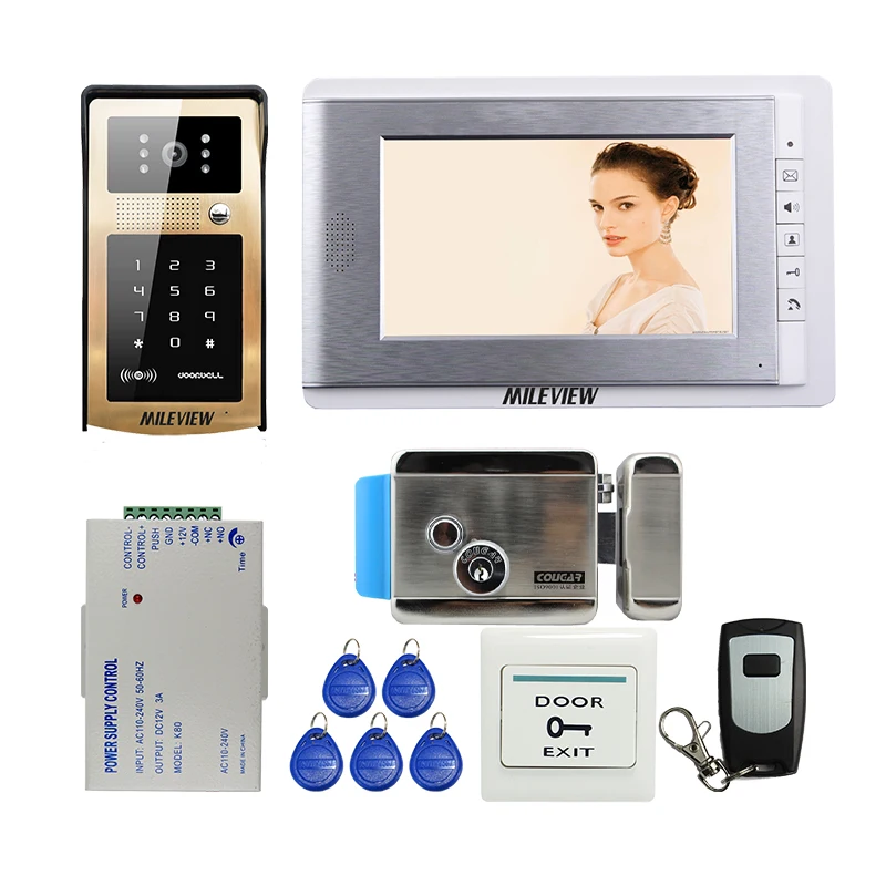 

FREE SHIPPING New 7" Color Screen Video Door Phone Intercom System + RFID Keypad Unlock Outdoor Camera + Electronic Control Lock