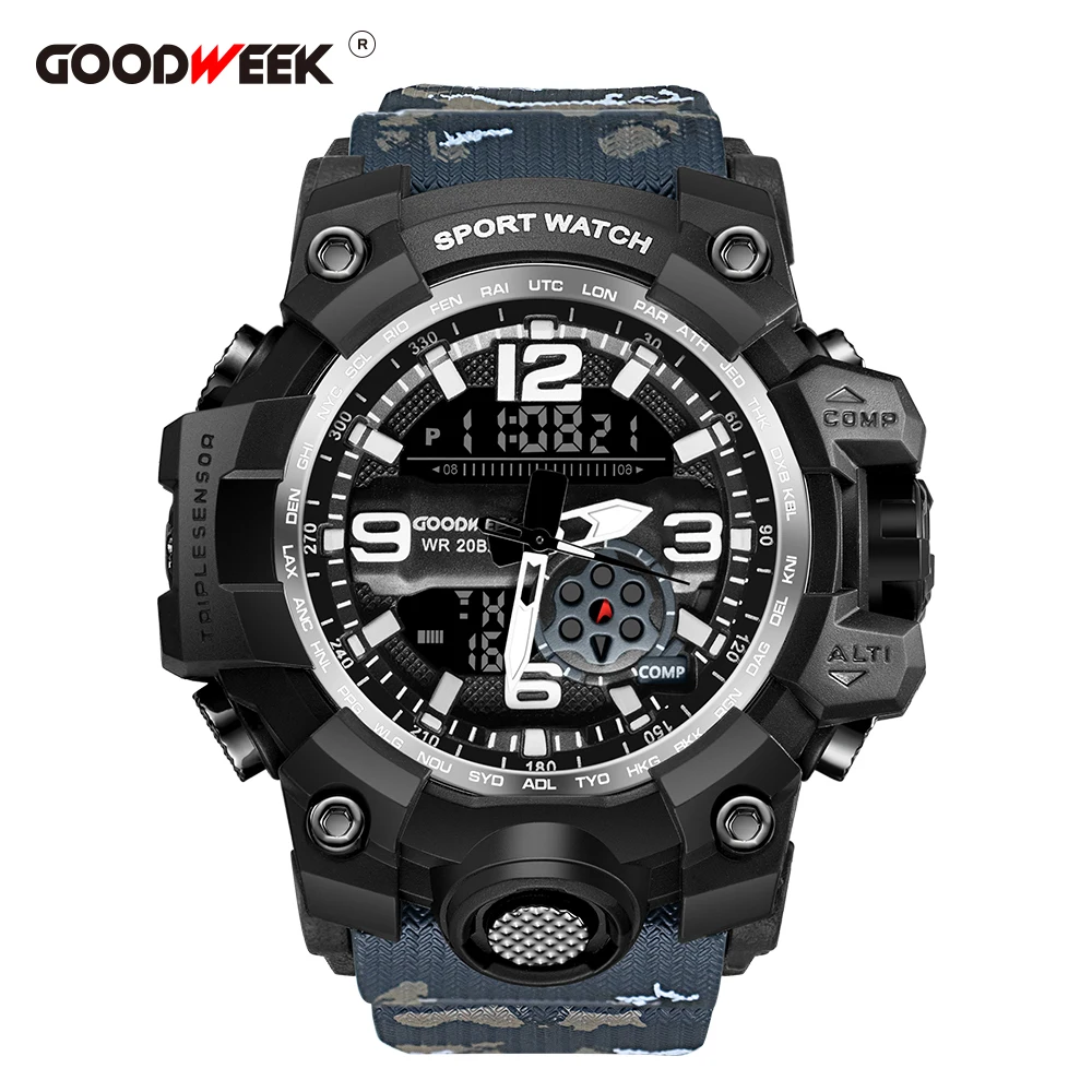 Günstige GOODWEEK Männer Sport Uhren Wasserdicht Armee Militär Uhren Digital Dual Display Uhren G Stil Schock Relogios Masculino