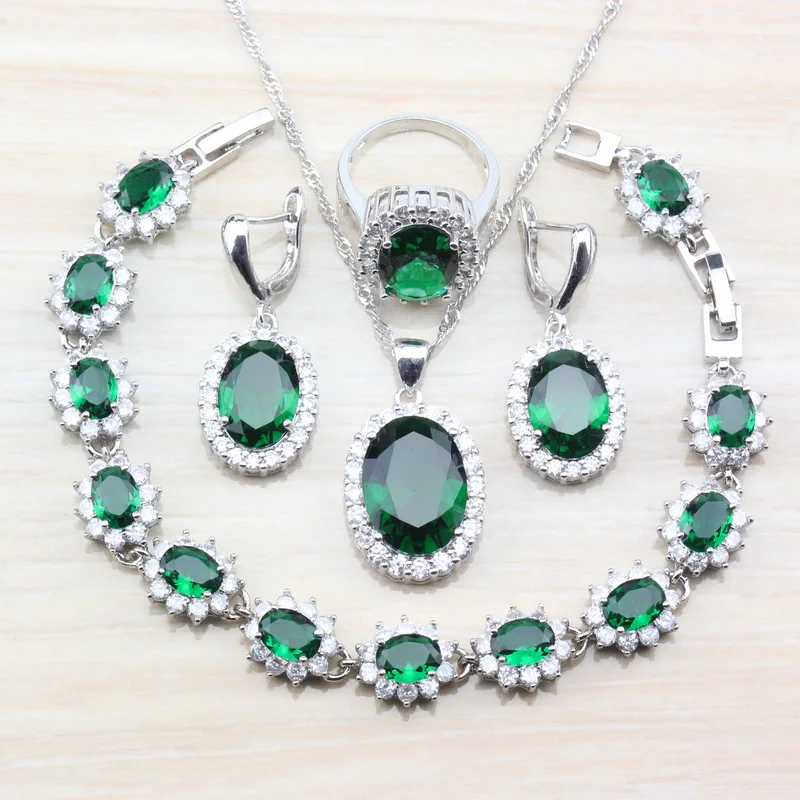 

925 Sterling Silver Oval Green Zircon Trendy Party 4PCS Jewelry Sets Earrings/Pendant&Necklace/Bracelet/Ring For Women Gift