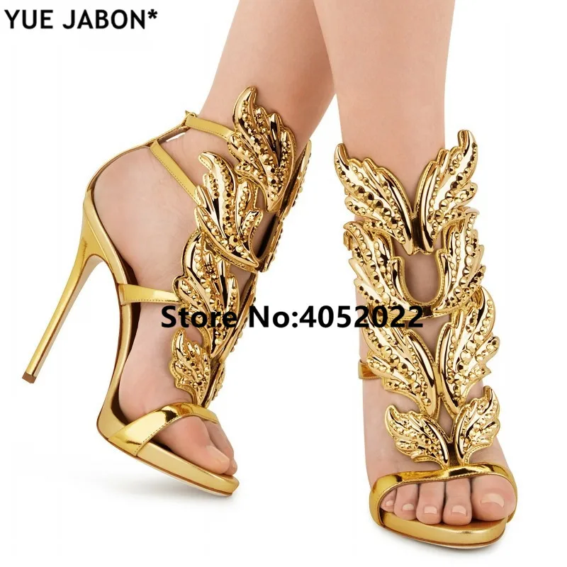 Yue jabon/Дизайнерские летние женские сандалии-гладиаторы на высоком каблуке с крыльями и пряжкой; цвет золотой, серебряный, желтый, белый