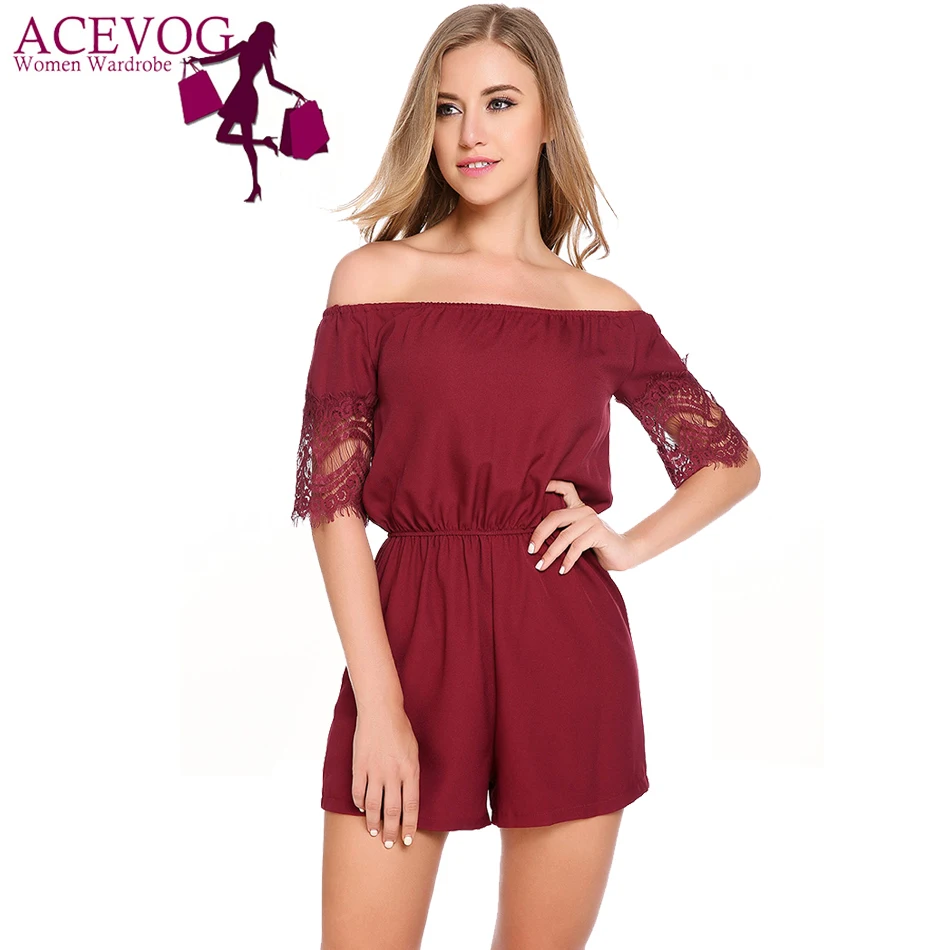 ACEVOG Women Sexy Playsuit Summer Off Shoulder Lace Hollow Out Sleeve Patchwork Soilid Slash Neck Brand Female Jumpsuit Bodysuit Jumpsuits and Playsuits