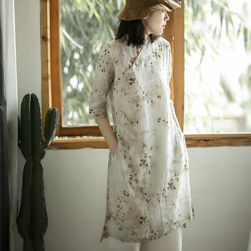 

SCUWLINEN Vestidos 2019 NEW Spring Summer Women Dress Vintage Print Zen Jade Buttons Loose Double Layer Ramie Dresses P038