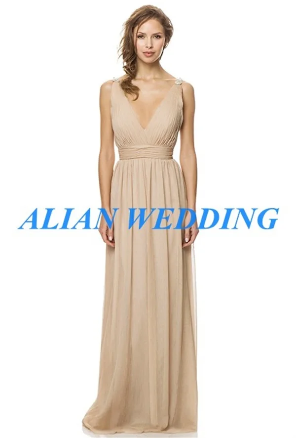 New Arrival Elegant Long Champagne Bridesmaid Dress 2015 V Neck Dress to Party Low Back Chiffon Vestido De Festa Longo MB955