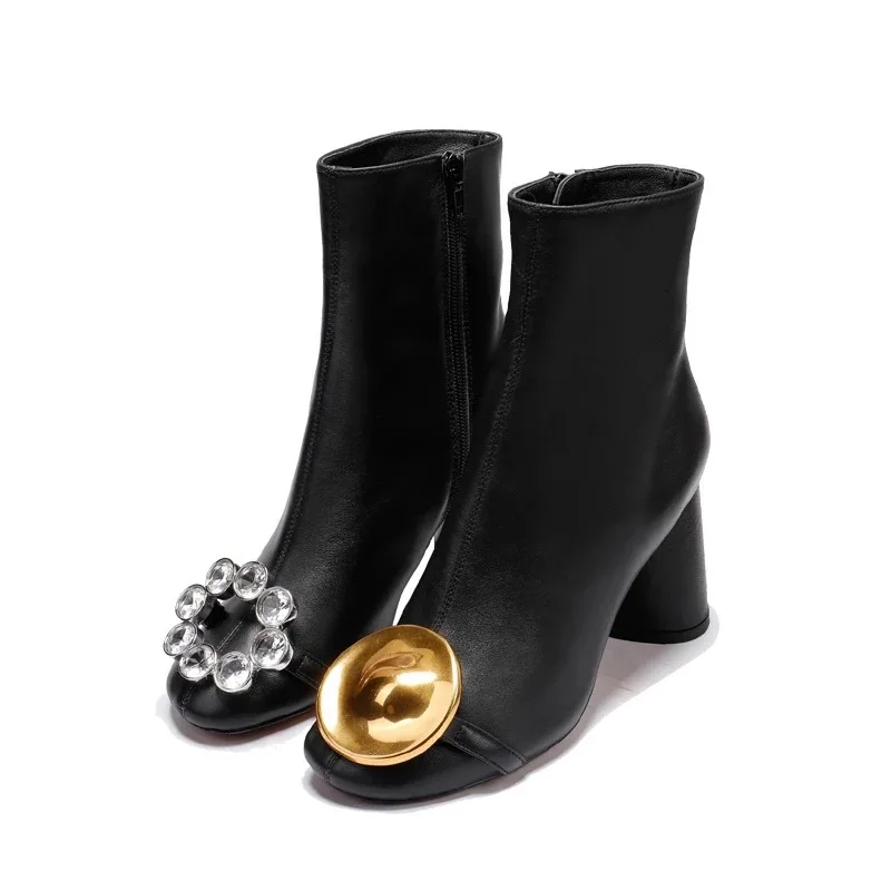 

Genuine Leather Luxury Shoes Women Lady's Thick Heels Water Drill Buckle Basic Boots Female Round Head Bare Suede Boots