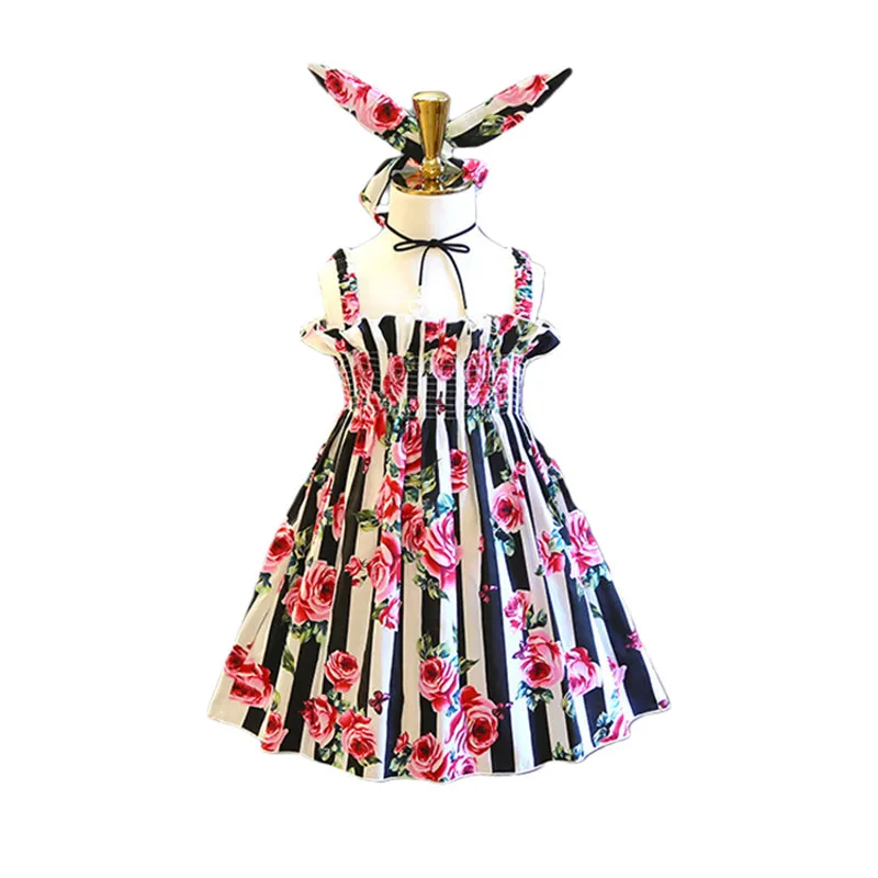 

Girls Dress Summer Baby Kids Cotton Flower Print Strap Ruffles Dress+Hair Bands Kids Children Sleeveless Casual Princess Dress