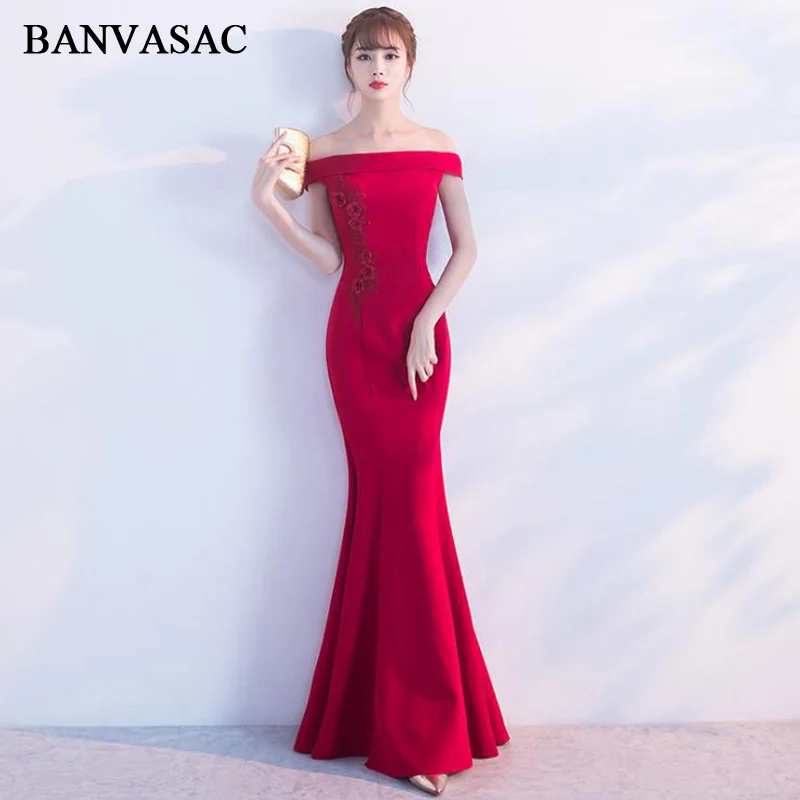 

BANVASAC 2018 Boat Neck Lace Flowers Appliques Split Mermaid Long Evening Dresses Party Short Sleeve Backless Prom Gowns