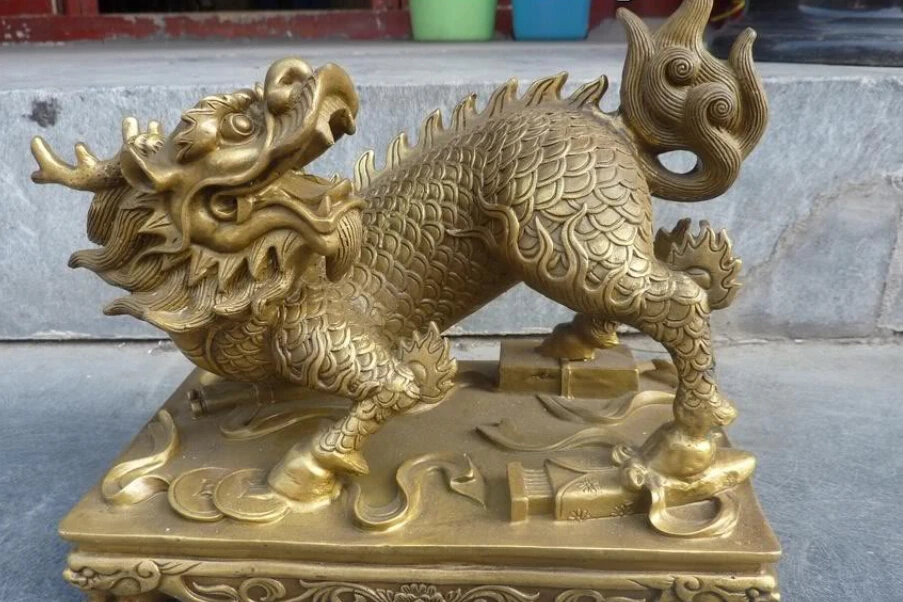 

R0720 Details about 9"Chinese Brass carved eximous Luck kylin Statue
