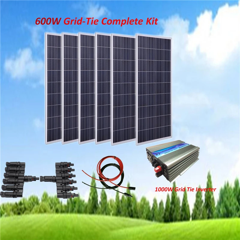 

600W Solar Panel Kit : 6 x 100W Poly Solar Panel Grid-Tie Solar System with 1000W Inverter+ 5M Cable+MC4 Connector Home