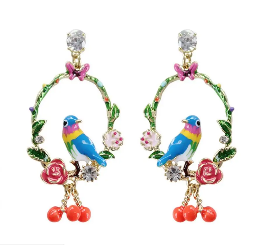 

2019 New Handmade Enamel glaze Bird flower basket earrings Jewelry