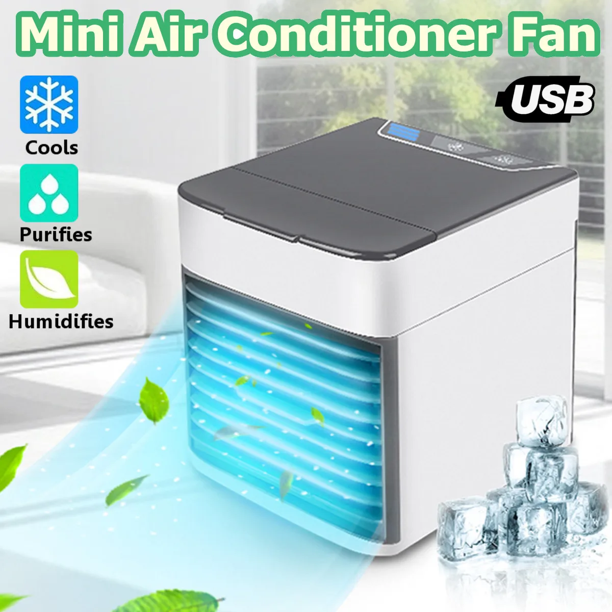 

USB Mini Portable Air Conditioner Fans Humidifier Purifier LED Light Desktop Air Cooling Fan Air Cooler Fan for Office Home
