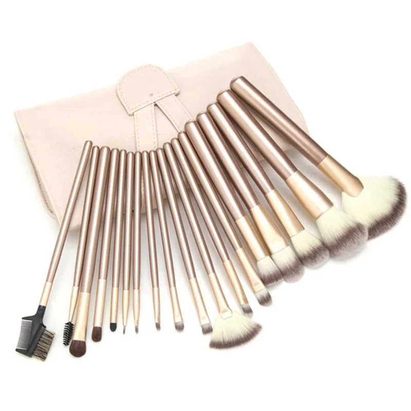 18pcs Professional Luxury Makeup Brushes Champagne Gold Soft Synthethic Brush Set Wood Handle