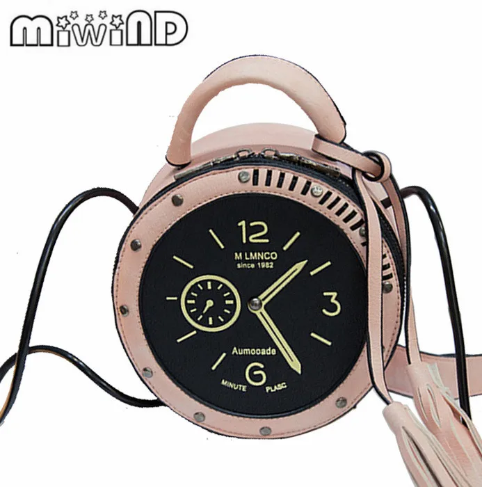 Women Crossbody Bag PU Leather Round Alarm Clock Shape Tassels Shoulder Bags New
