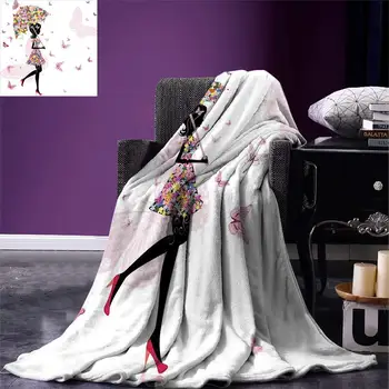 

Girls Throw Blanket Girl with Floral Umbrella and Dress Walking with Butterflies Inspirational Art Print Warm Microfiber
