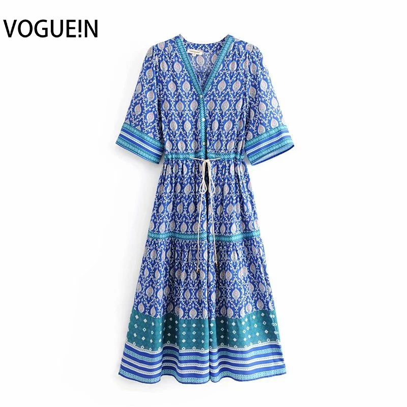 Женское платье-миди VOGUEIN синее платье с коротким рукавом и цветочным принтом в
