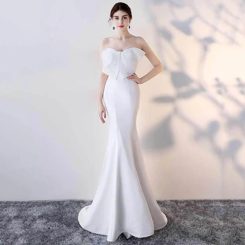 

Royal White Bow Strapless Bodycon Sleeveless Waist Slim Mermaid Long Dress Women Party Wedding Club Wear Elegant Dress