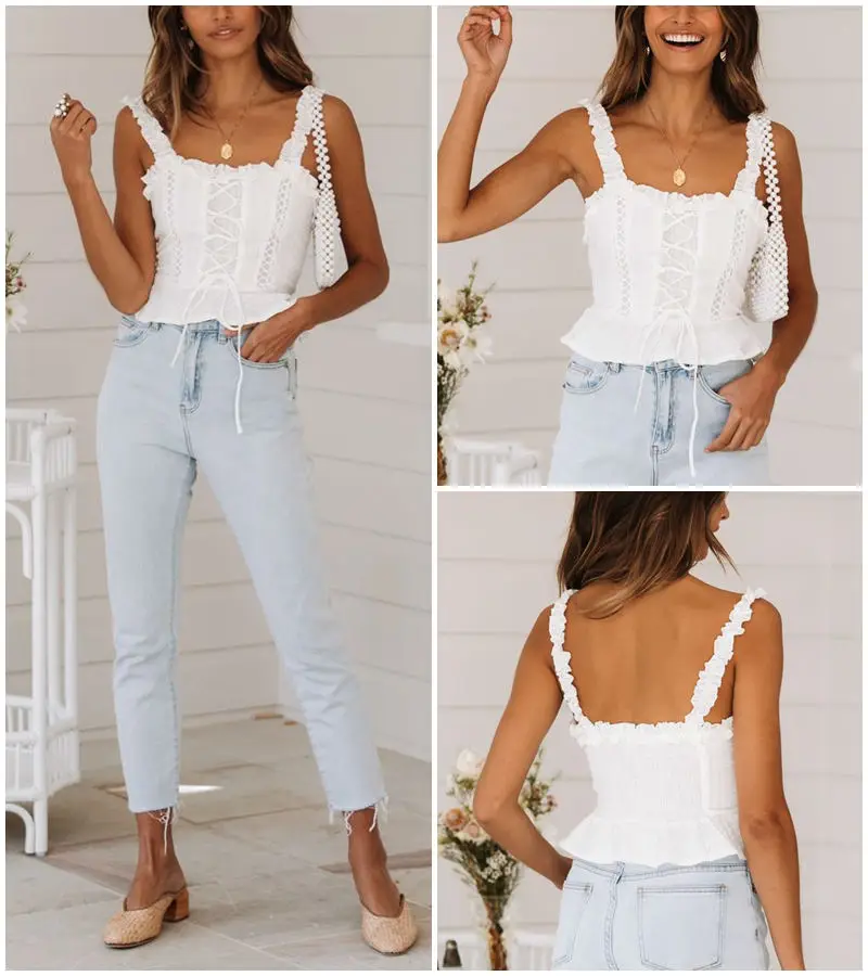 white ruffle strap top