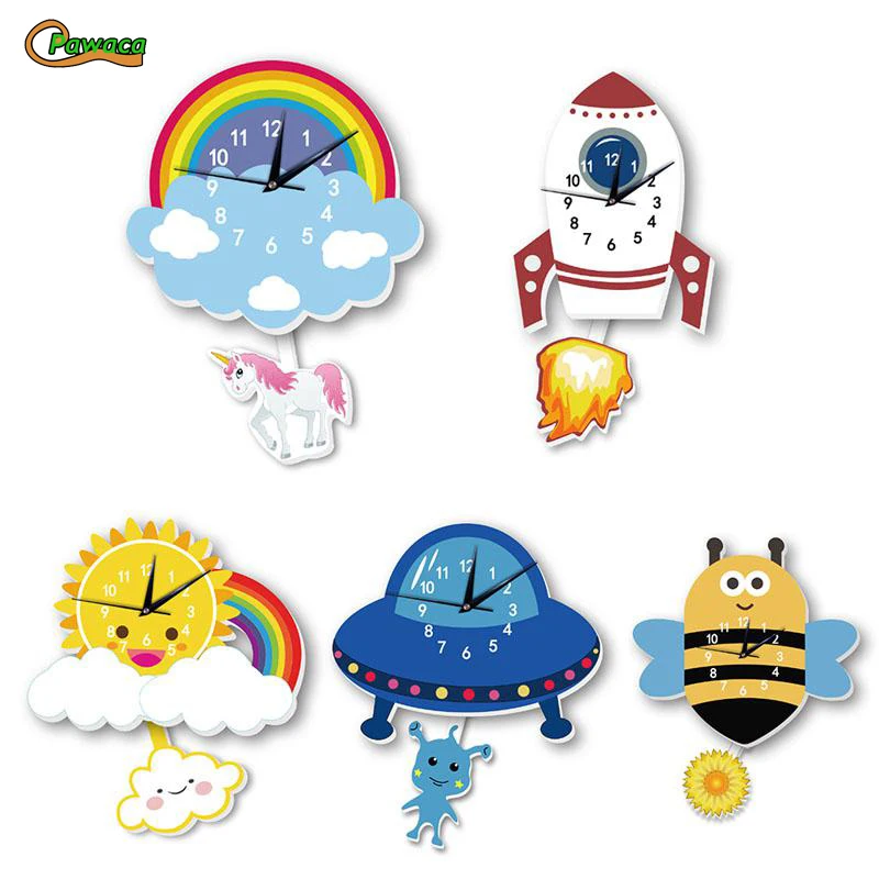 Cartoon Wall Clock sticker Cute Sun Bee Rocket UFO Modern Silent Clocks For Keep Good Sleeping