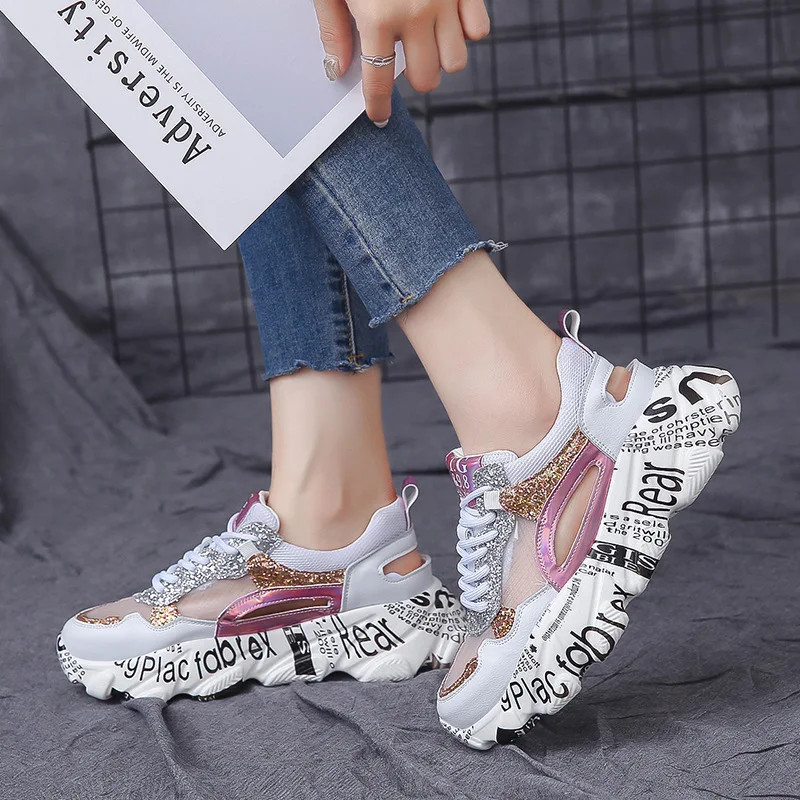 

Women Fashion Sneakers 2019 New Breathable Sports Shoes Women's Summer High Hollow Sequined Casual Shoes Zapatos De Mujer