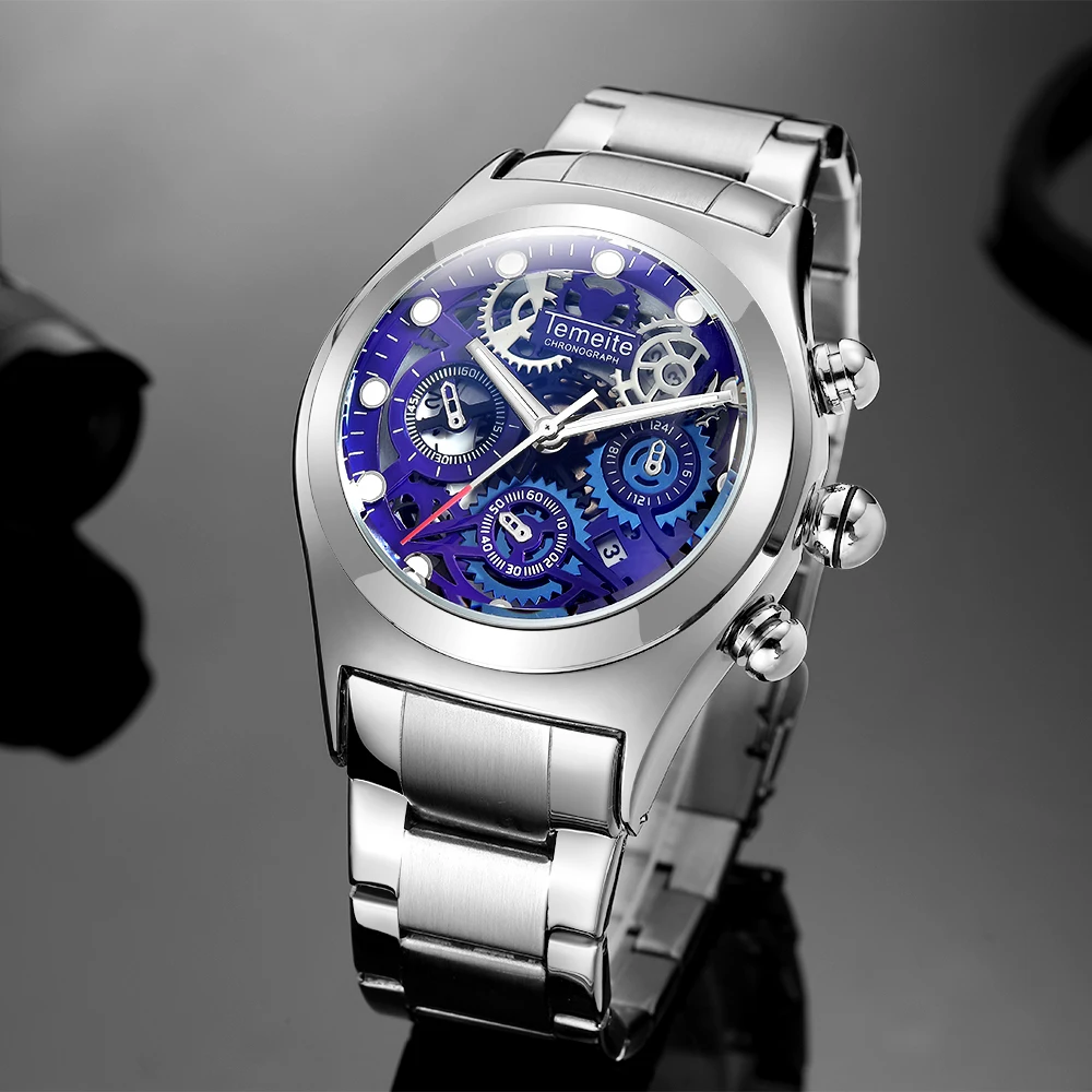 TEMEITE, военный большой чехол, кварцевые часы для мужчин, 3 суб-циферблата, украшение, уникальный синий циферблат, металлический ремешок, мужские часы, Лидирующий бренд, роскошные